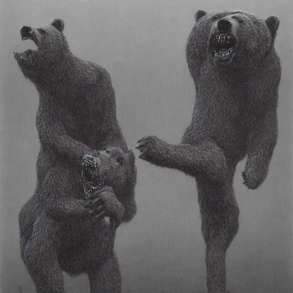 Image similar to horrifying bear, fangs, style of zdislaw beksinski