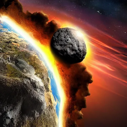 Image similar to A cinematic film still of an asteroid crashing into Earth 4k