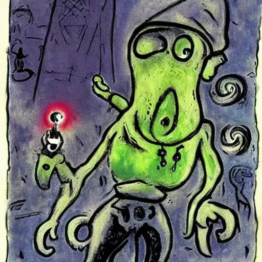 Prompt: squidward as a dark souls boss by Marc Chagall