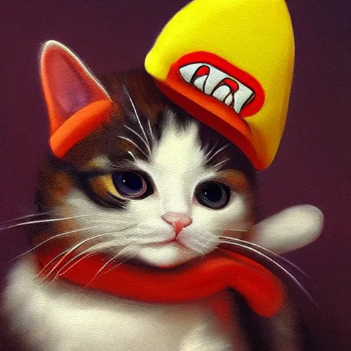 Image similar to A beautiful oil painting of a Kawaii Cat wearing a Super Mario Hat, art by michelangelo, volumetric lighting, photorealistic, highly detailed.