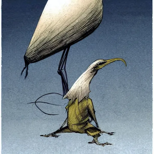 Prompt: a robot bird wishing to be alive, concept art by dave mckean and moebius