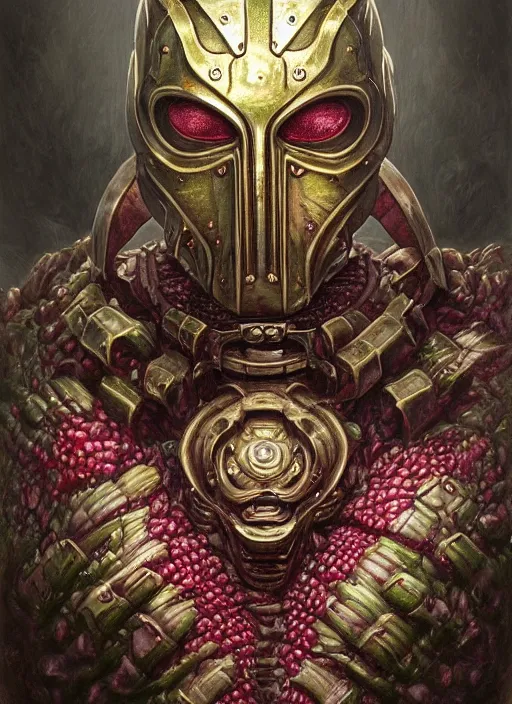 Prompt: raspberry mf doom reptile eyes, metal raspberry skin. intricate, elegant juice, highly detailed, centered, digital painting, artstation, concept art, smooth, sharp focus, illustration, artgerm, tomasz alen kopera, peter mohrbacher, donato giancola, joseph christian leyendecker, wlop, frank frazetta