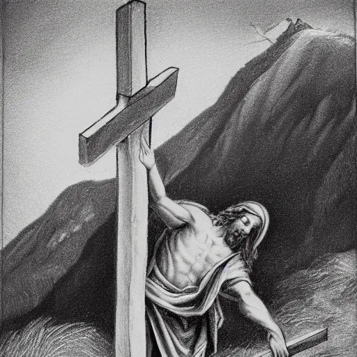 Image similar to pencil illustration of Jesus carrying the cross to the hill, detailed, 8k