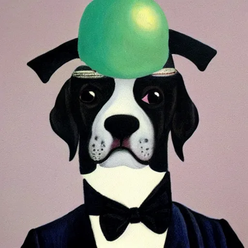 Image similar to painting of cute dog in style of rene magritte