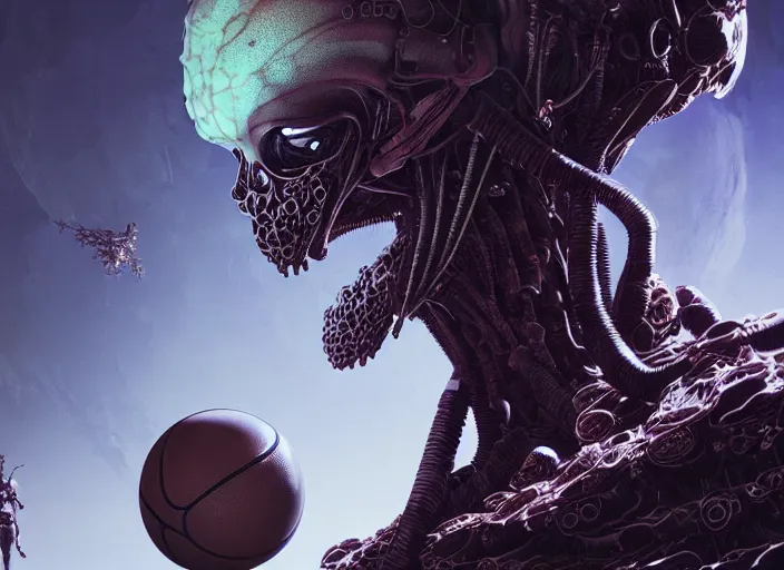 Image similar to a mysterious translucent space alien, basketball player, sleevless jersey, eerie shimmering surroundings, concept art, intricate, detailed, award - winning, cinematic, octane render, 8 k, photorealistic, by tsutomu nihei and emil melmoth and gustave dore and craig mullins and yoji shinkawa