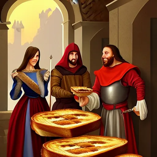 Image similar to medieval toast with king, queen and guests, realistic, artstation, fantasy