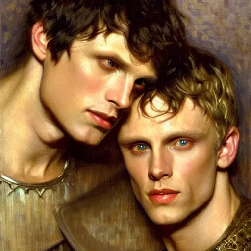 Image similar to arthur pendragon and merlin. close up of their faces. natural lighting. highly detailed painting by gaston bussiere, j. c. leyendecker 8 k