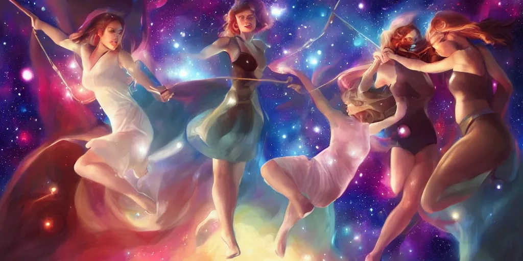 Image similar to girls swinging in the galaxy, art by artgerm