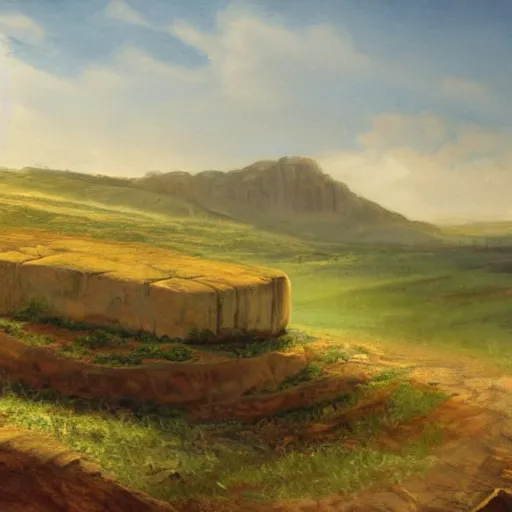 Prompt: concept art : an italian landscape in bright daylight. soft rolling hills in the foreground. in the distance a small mesa of white marble can be seen. a stone henge is standig atop the mesa