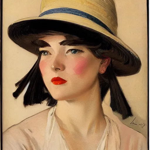 Prompt: frontal portrait of a woman wearing a rice hat, by j. c. leyendecker