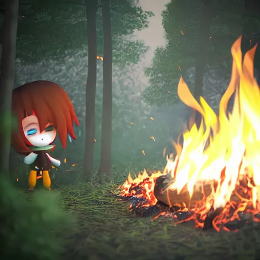 Image similar to cute fumo plush manic happy pyromaniac girl giddily starting a huge bonfire in the forest, stylized pbr anime shader, burning flames, warm glow and volumetric smoke vortices, filmic, rule of thirds composition, vignette, vray