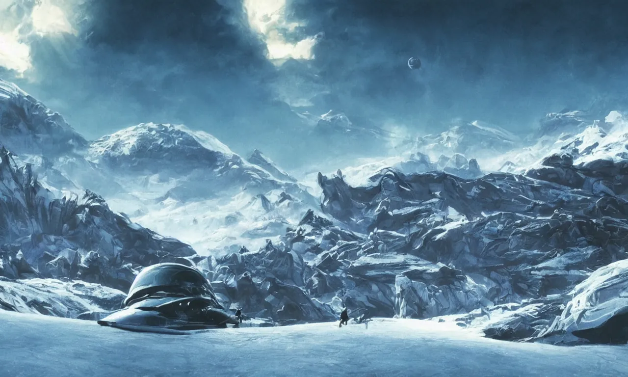 Image similar to frozen planet with mountains in clouds on the background, ravine in front, science-fiction, cinematic lighting, cinematic angle, Syd Mead, Federico Pelat, daylight, blue sky, spaceship in the sky