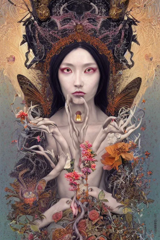 Prompt: breathtaking detailed concept art painting of the goddess of death moth, orthodox saint, with anxious, piercing eyes, ornate background, amalgamation of leaves and flowers, by Hsiao-Ron Cheng, James jean, Miho Hirano, Hayao Miyazaki, extremely moody lighting, 8K