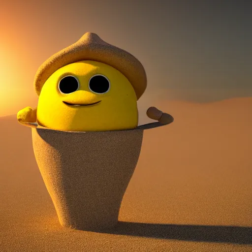 Prompt: 3 d render, of anthropomorphic lemon character with an angry look on his face, he is wearing a hat, relaxing on the beach at sunset, beach, waves, sun, rim light, cinematic photography, professional, sand, sandcastle, volumetric lightening