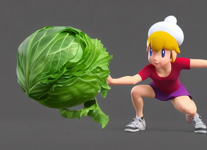 Prompt: Misty from Pokemon is throwing a pokeball at a cabbage. 3D render, action shot