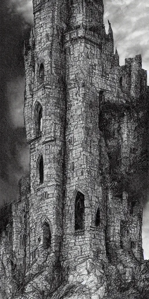 Image similar to lord of the rings tall medieval tower of dark stone on a castle on a hill. stone ruins at the bottom. a dark forest around. illustration on artstation