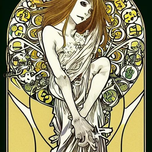 Image similar to anime manga skull portrait angel angelic cartoon skeleton illustration style by Alphonse Mucha pop art nouveau