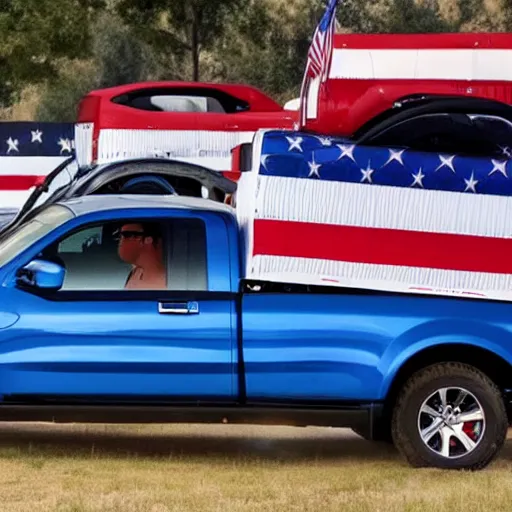 Prompt: photo of trumo pickup trucks with american flags battling biden pickup trucks with american flags. guns can be seen. there is a large battle.