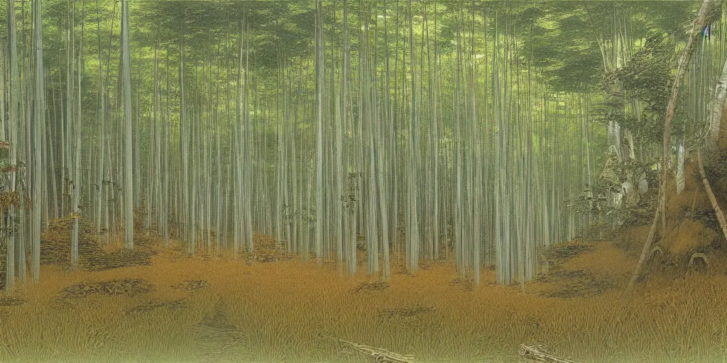 Prompt: art by john howe of the cinematic view of the sagano bamboo forest.