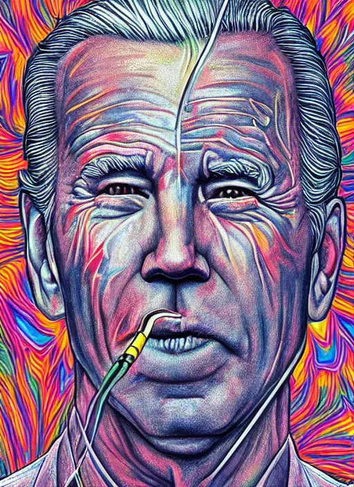 Image similar to a symmetrical photorealistic hyper detailed psychedelic portrait of Joe Biden smoking DMT out of a meth pipe in the style of alex grey