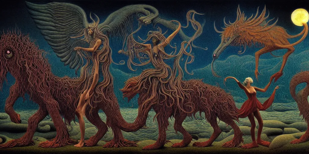 Image similar to mythical creatures and monsters in the imaginal realm of the collective unconscious, in a dark surreal painting by johfra and ronny khalil