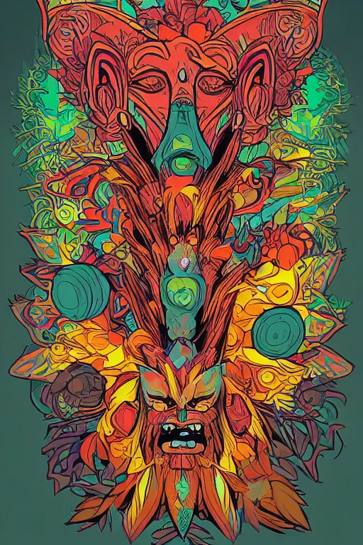 Image similar to animal mask totem roots flower tribal feather gemstone plant wood rock shaman vodoo video game vector cutout illustration vivid multicolor borderlands comics by josan gonzales and dan mumford radiating a glowing aura