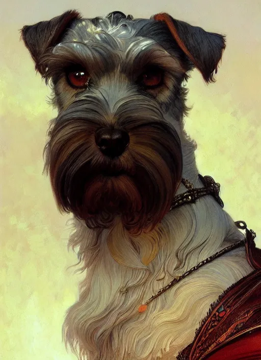 Image similar to portrait of stoic looking miniature schnauzer, fantasy, intricate, elegant, highly detailed, digital painting, artstation, concept art, smooth, sharp focus, illustration, art by artgerm and greg rutkowski and alphonse mucha