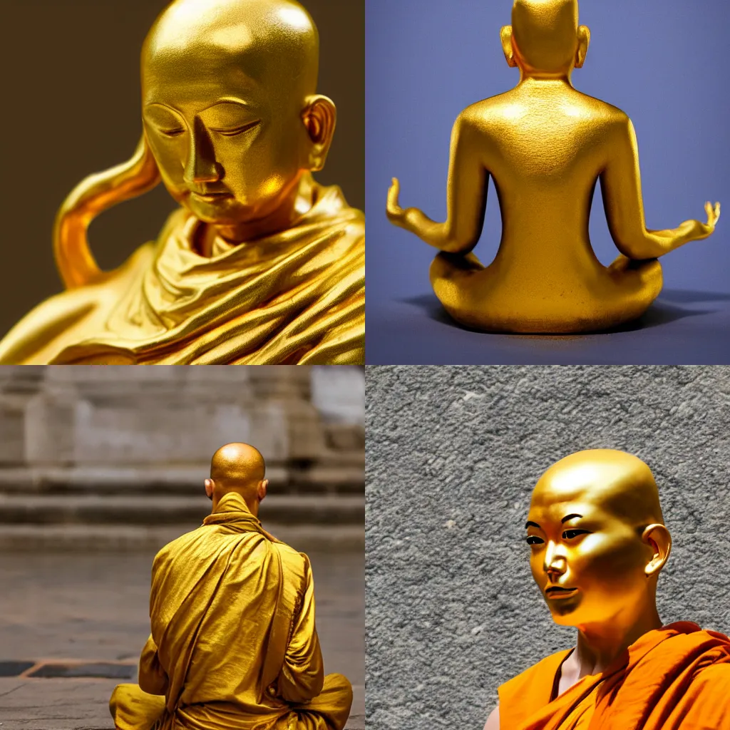 Prompt: a monk made of solid gold meditating in the city of gold, hyper realistic, 4k