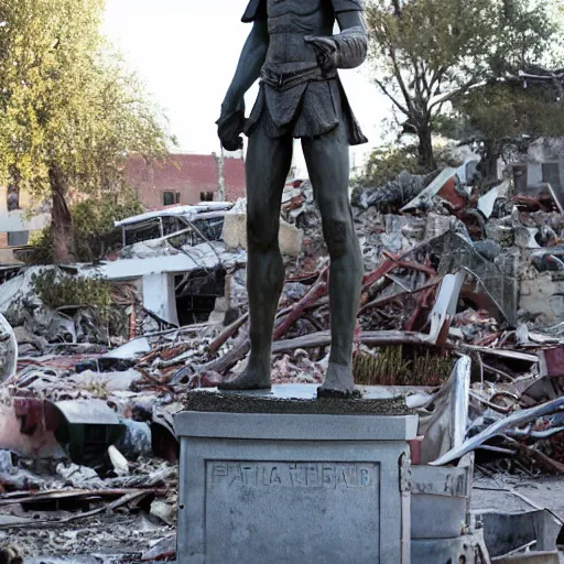 Prompt: statue of a warrior standing in the destroyed city