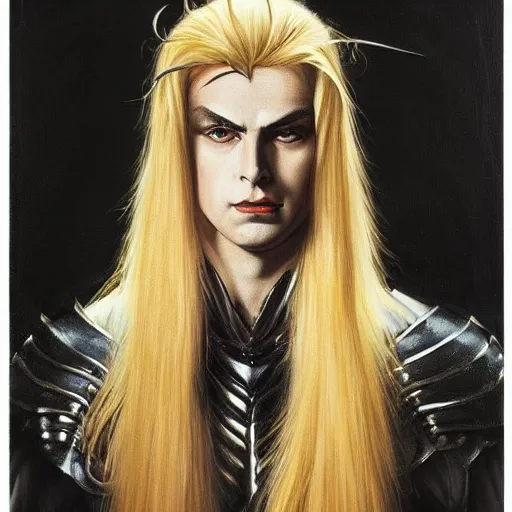 Prompt: oil painting of a pale menacing dio brando with long blond hair and piercing eyes, pearly third eye on forehead, powerful knight in tall jagged black plate armor, cinematic chiaroscuro creeping darkness, by J.C leyendecker and norman rockwell