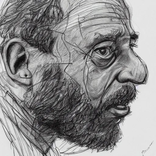 Image similar to a realistic yet scraggly portrait sketch of the side profile of a stern and sophisticated michael rosen, trending on artstation, intricate details, in the style of frank auerbach, in the style of sergio aragones, in the style of martin ansin, in the style of david aja, in the style of mattias adolfsson