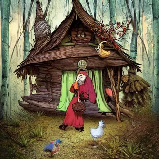 Prompt: a fabulous old woman baba yaga with a scarf on her head tied with a knot on top. there is a black cat nearby. background hut on chicken legs. from the fabulous enchanting dense forest. fantasy. very clear image.