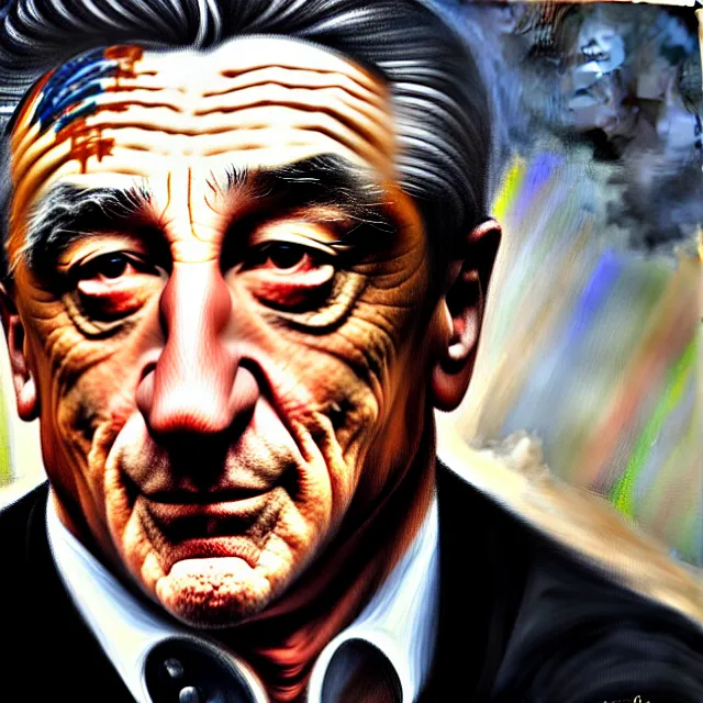 Prompt: a professional oil painting of Robert DeNiro, best on artstation, astonishing, impressive, outstanding, epic, cinematic, stunning, gorgeous, much detail, much wow, masterpiece.