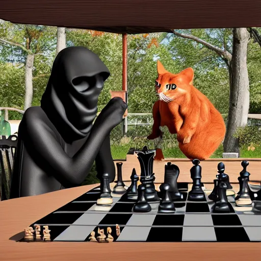 Image similar to grim reaper playing chess with a red cat at a table on a sunny veranda, 8 k, ultra realistic, unreal engine 5