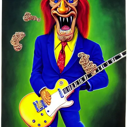 Image similar to beautiful lifelike painting of barry chuckle shredding on a gibson les paul, furious guitar solo, hyperreal detailed facial features and uv lighting, art by ed roth and basil wolverton