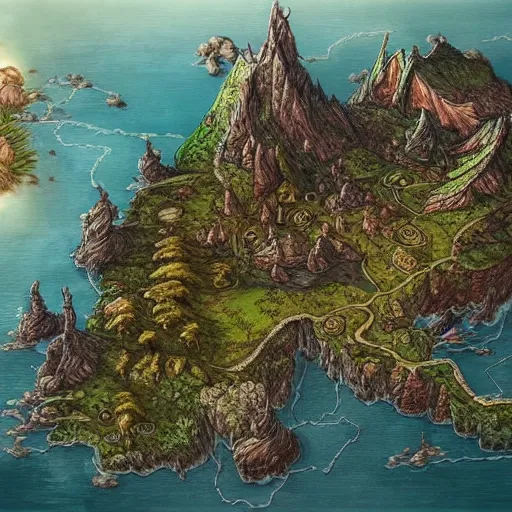 Image similar to map of a fantasy world, artistic painting, very detailed, beautiful, artstation