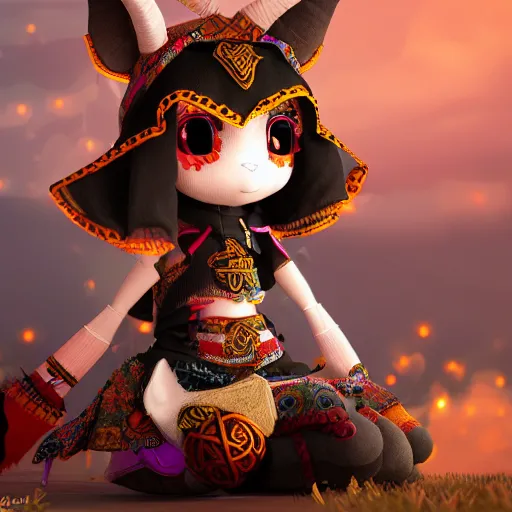 Prompt: cute fumo plush of a goat girl with horns, anime girl, tribal outfit with intricate celtic knot patterns, gothic maiden shaman, pagan goddess, glowing, bokeh, artstation, vray