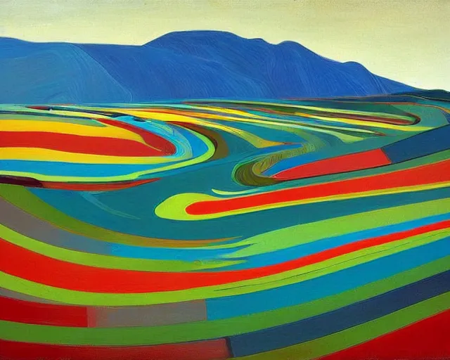 Prompt: A wild, insane, modernist landscape painting. Wild energy patterns rippling in all directions. Curves, organic, zig-zags. Saturated color. Mountains. Clouds. Rushing water. Wayne Thiebaud.