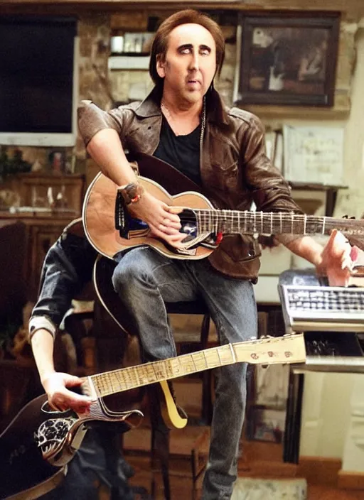 Image similar to nicolas cage, playing guitar while standing on a table