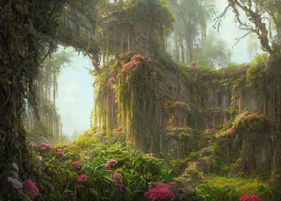 Prompt: Overgrown fantasy temple in the clouds, fantasy art by ferdinand knab, intricately detailed, overgrowth, flowers, radiant warm light, alena aenami