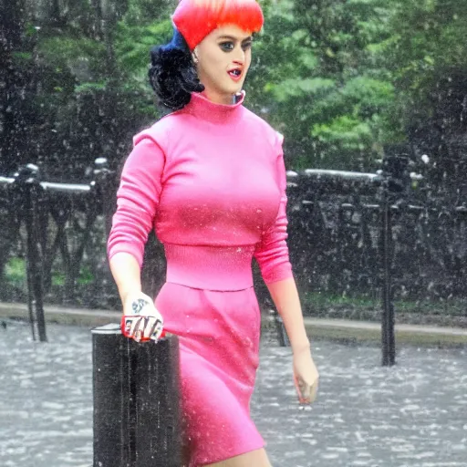 Image similar to katy perry wearing a 1 9 7 0's clothing, walking in central park, raining, photo, realistic, high detail,