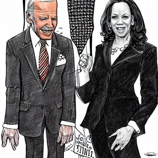 Image similar to The Artwork of R. Crumb and his Cheap Suit - Joe Biden and Kamala Harris, pencil and colored marker artwork, trailer-trash lifestyle