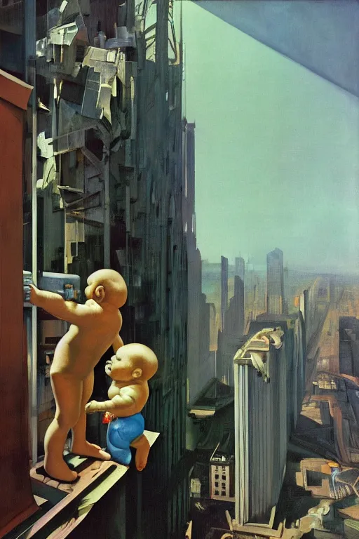 Image similar to evil human giant baby with a robot arm in a diaper is taller than office buildings, goes destroying buildings under his feet, hauntingly surreal, highly detailed painting by francis bacon, edward hopper, adrian ghenie, gerhard richter, and james jean soft light 4 k,