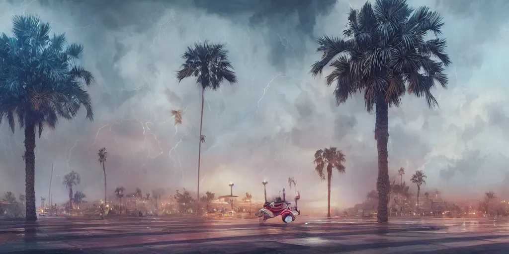 Image similar to thunderstorm in marrakech, palm trees, flying vehicles, moroccan mosque, wlop, james jean, tom bagshaw, rococo, trending on artstation, fantasy, intricate, elegant, highly detailed, digital painting, concept art, smooth, illustration, cinematic lighting, hyper realism, octane render, 8 k, hyper detailed.