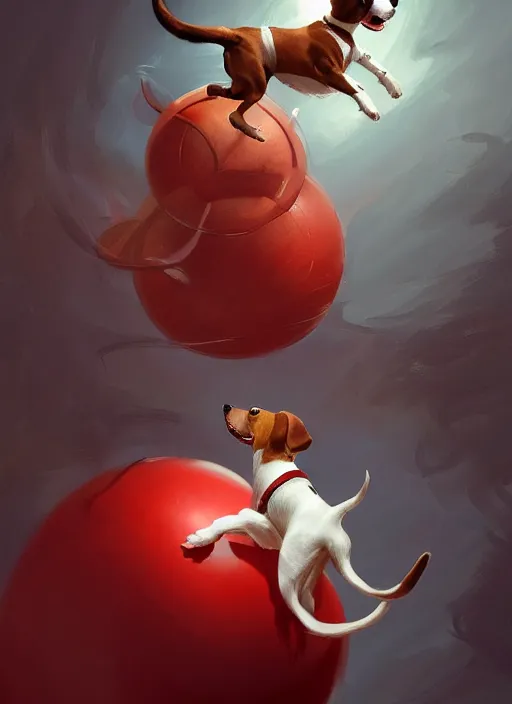 Image similar to adorable jack russel terrier jumping over a red exercise ball, fantasy art, artstation character design contest winner, trending on cgsociety, concept art, speedpaint, beautiful digital art, jesper ejsing, james jean, justin gerard, fenghua zhong, makoto shinkai, highly detailed