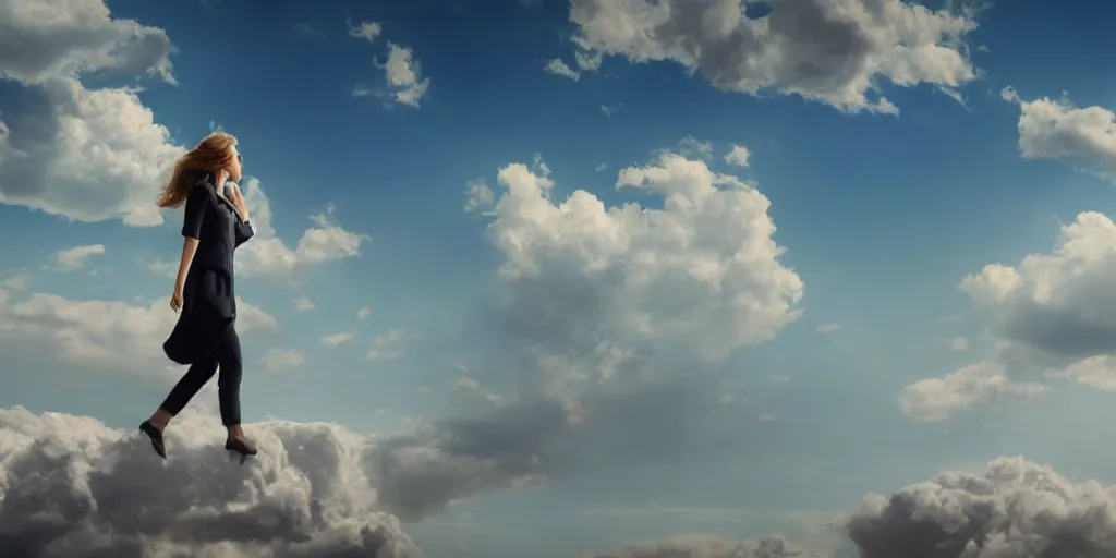 Image similar to realistic scene of a mysterious woman walking on a clouds while it's sunny, detailed, 1 4 5 0, delicate, hyper realism, ultra realistic, 8 k