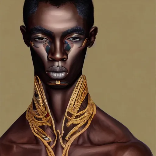 Prompt: a professionally painted african male model , clothed in ancient gothic street wear, dark skin, reddish gold hair, beautiful bone structure, symmetrical features, stunningly, beautiful, intricate, elegant, digital painting, smooth, sharp focus, illustration, no cropping, made by Kehinde Wiley, Kara Walker, Jacob Lawrence, Sam Gilliam, Edmonia Lewis,