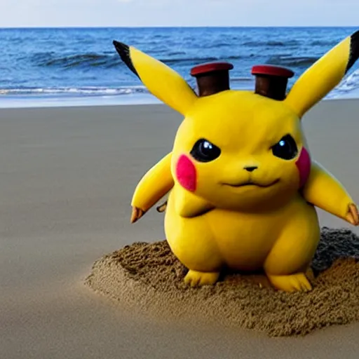 Prompt: a sand sculpture of detective pikachu on the beach