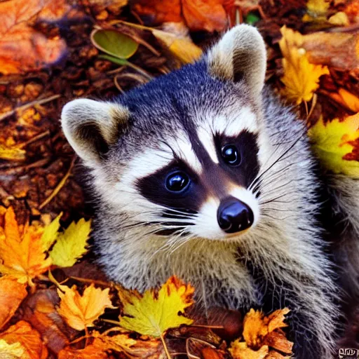 Image similar to cute baby raccoon sitting in pile of fall leaves detailed painting 4 k