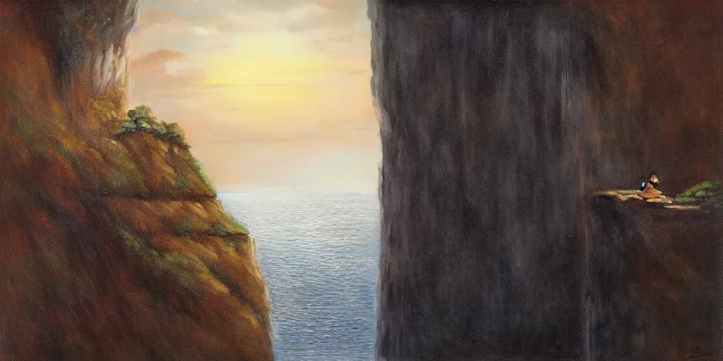 Image similar to A cliff with a narrow ledge looks out onto a vast ocean a monk sits on the ledge in the lotus position, cinematic lighting, detailed oil painting, hyperrealistic, 8k